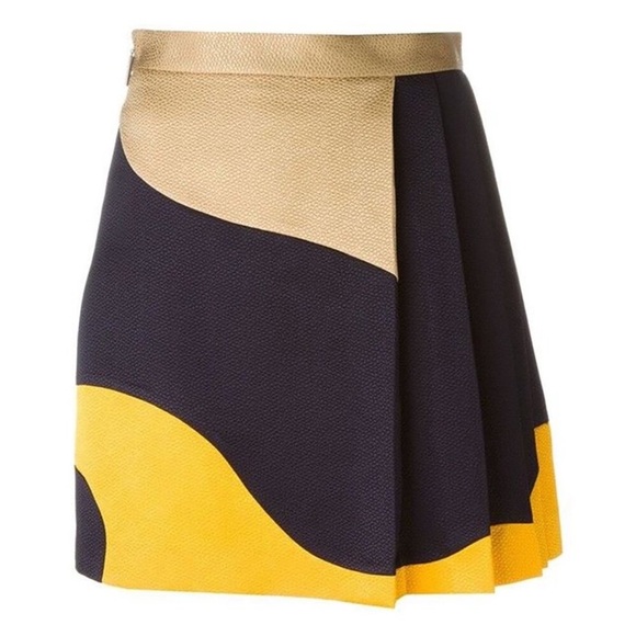 MSGM Swirl Wavy Stripe Print Pleated Skirt Gold Navy Colorblock Size 40 US 4 - Picture 3 of 15